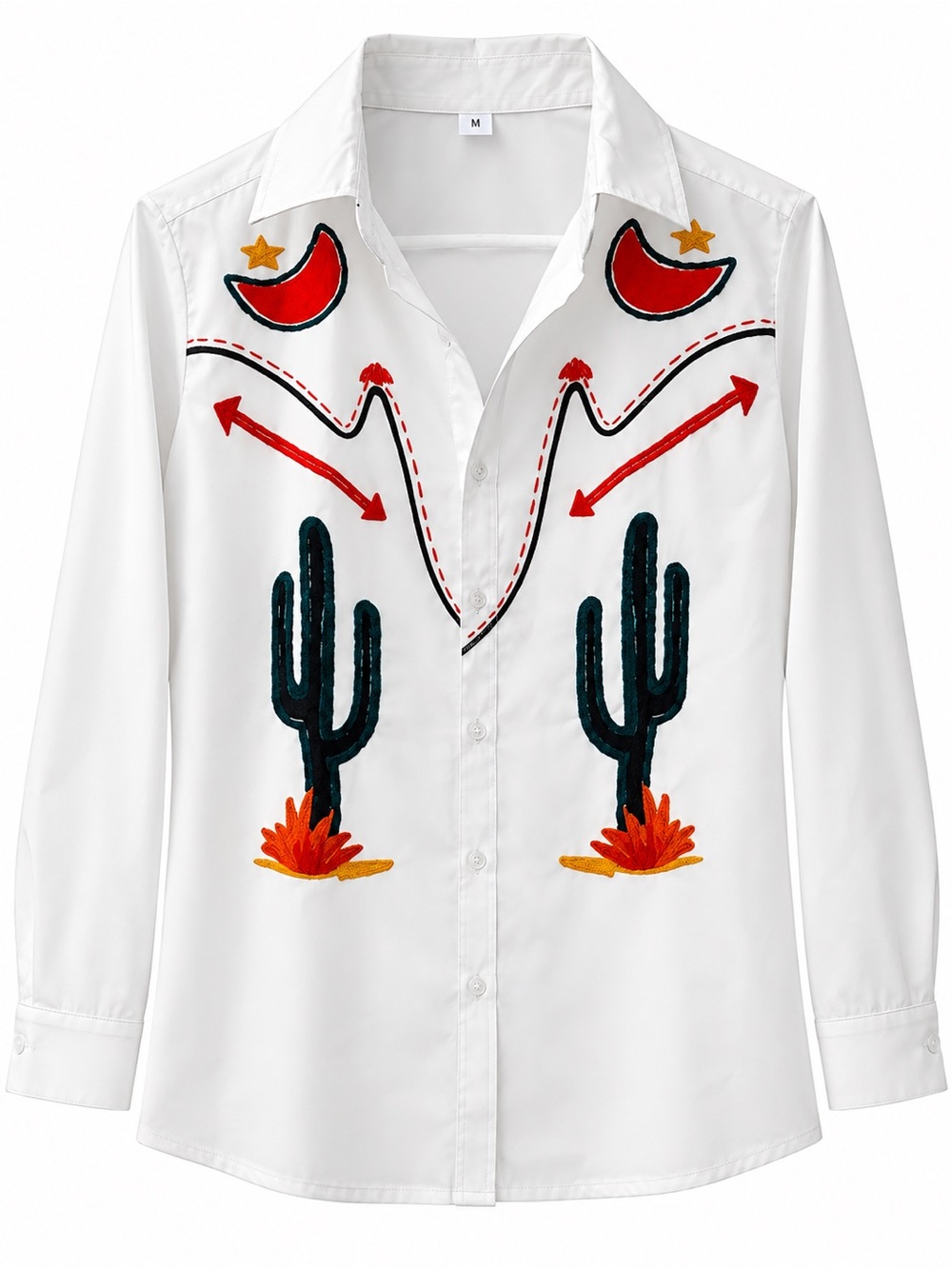 Western Inspired White Button-Up Shirt – Colorful Desert Cactus Print
